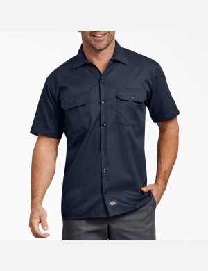 Camisas De Trabajo Dickies Relaxed Fit Corta Sleeve Hombre Azul Marino | 4721039-FV