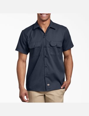 Camisas De Trabajo Dickies Slim Fit Corta Sleeve Hombre Azul Marino | 6470892-DQ