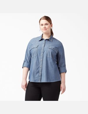 Camisas Dickies Plus Long Sleeve Chambray Roll-Tab Trabajo Mujer Azules Claro | 7415862-LE