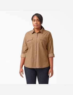 Camisas Dickies Plus Long Sleeve Roll-Tab Trabajo Mujer Marrones | 1074856-KE