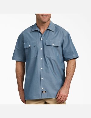 Camisas Dickies Relaxed Fit Corta Sleeve Chambray Hombre Azules | 9640183-BJ