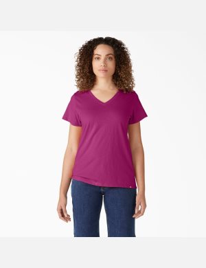 Camiseta Dickies Corta Sleeve V-Neck Mujer Fucsia | 0329687-WL