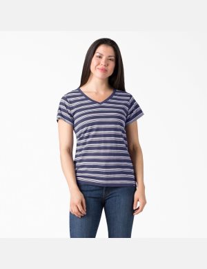 Camiseta Dickies Corta Sleeve V-Neck Mujer Azules Multicolor Rayadas | 0691487-OX