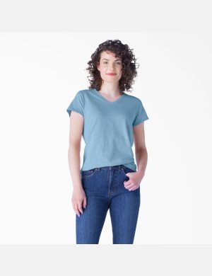 Camiseta Dickies Corta Sleeve V-Neck Mujer Azules | 8126940-TM