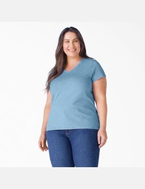 Camiseta Dickies Plus Corta Sleeve V-Neck Mujer Azules | 3659278-WV