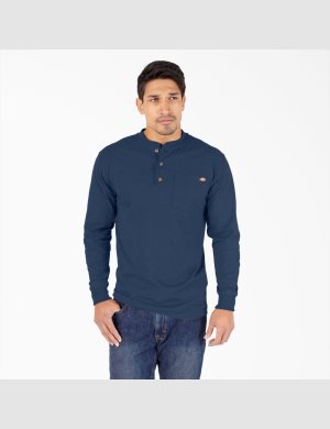 Long Sleeve Dickies Heathered Heavyweight Henley T-Shirt Hombre Azul Marino | 1437862-EY