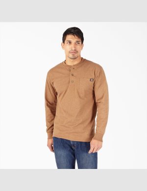 Long Sleeve Dickies Heathered Heavyweight Henley T-Shirt Hombre Marrones | 9074625-EG