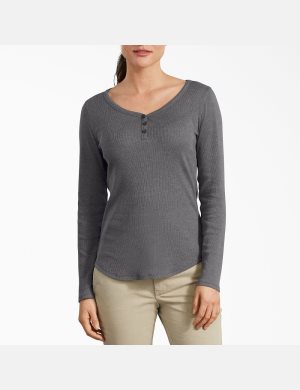 Long Sleeve Dickies Henley Shirt Mujer Gris Oscuro | 6371894-SG