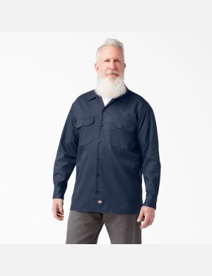 Long Sleeve Dickies Trabajo Shirt Hombre Azul Marino Azules | 7681243-YS