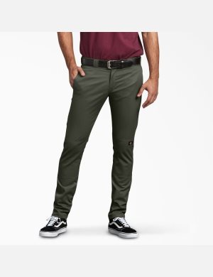 Pantalones De Doble Rodilla Dickies Flaco Fit Directo Leg Hombre Verde Oliva Verde | 5708241-MN