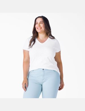 Tops Dickies Plus Corta Sleeve V-Neck Mujer Blancas | 3210768-XB