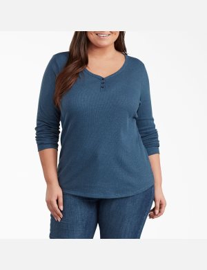 Tops Dickies Plus Henley Shirt Mujer Azules Oscuro | 8403127-BH