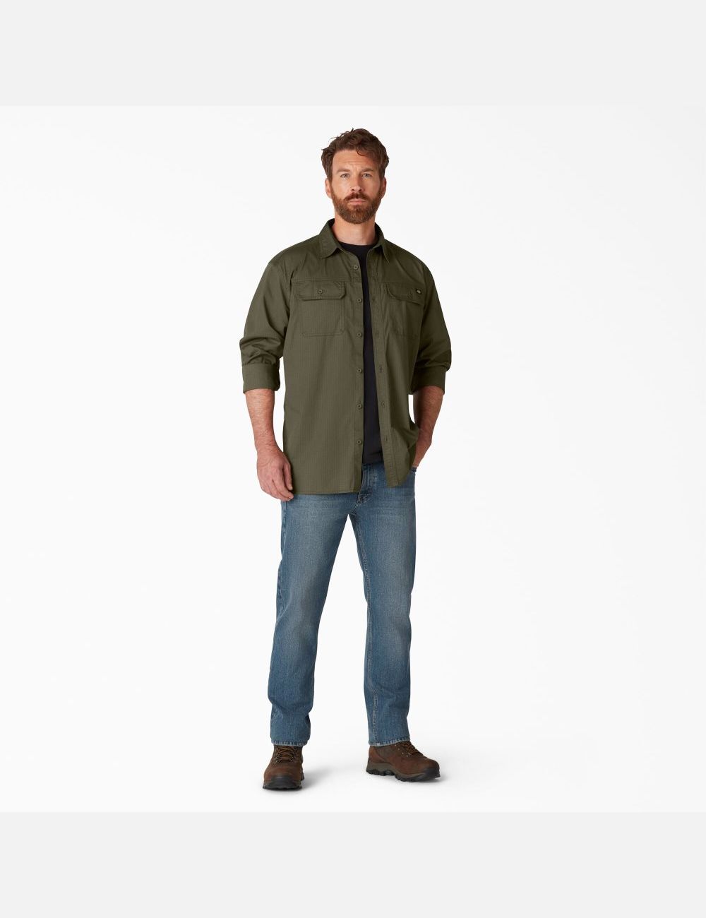 Camisas De Trabajo Dickies FLEX Ripstop Long Sleeve Hombre Verde | 5987412-HD