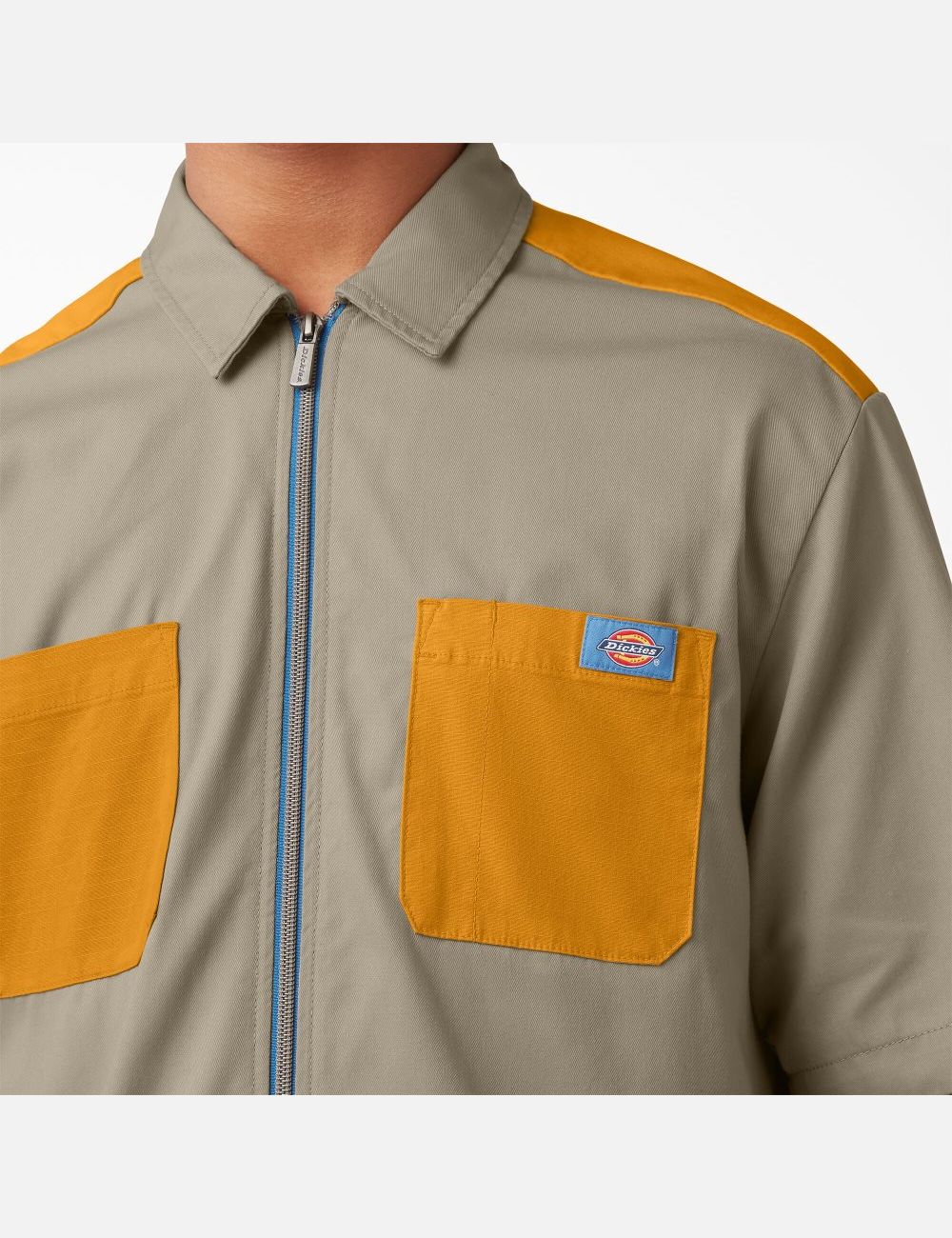 Camisas De Trabajo Dickies Mixed Media Zip Front Corta Sleeve Hombre Marrones Amarillo | 2057193-GW