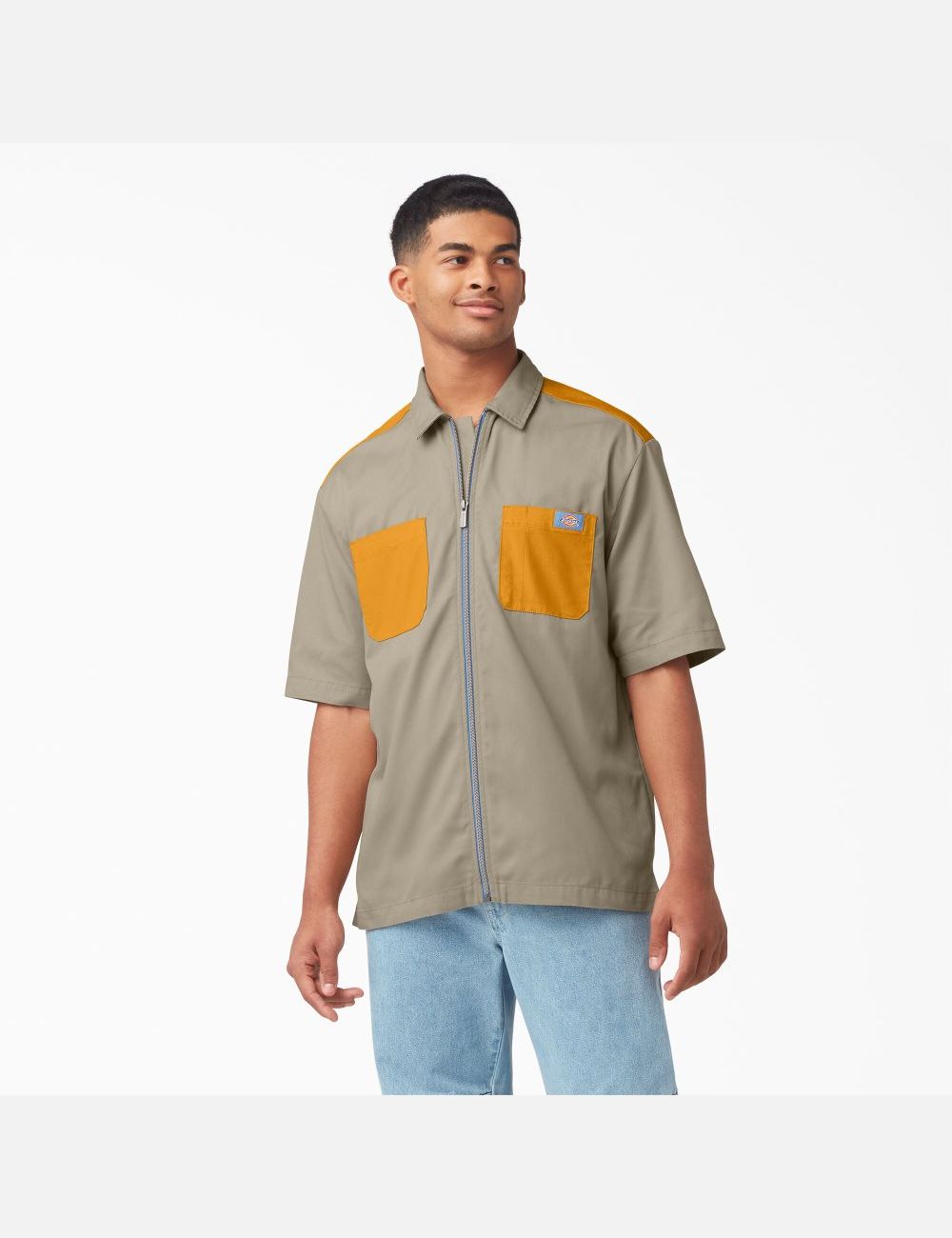 Camisas De Trabajo Dickies Mixed Media Zip Front Corta Sleeve Hombre Marrones Amarillo | 2057193-GW