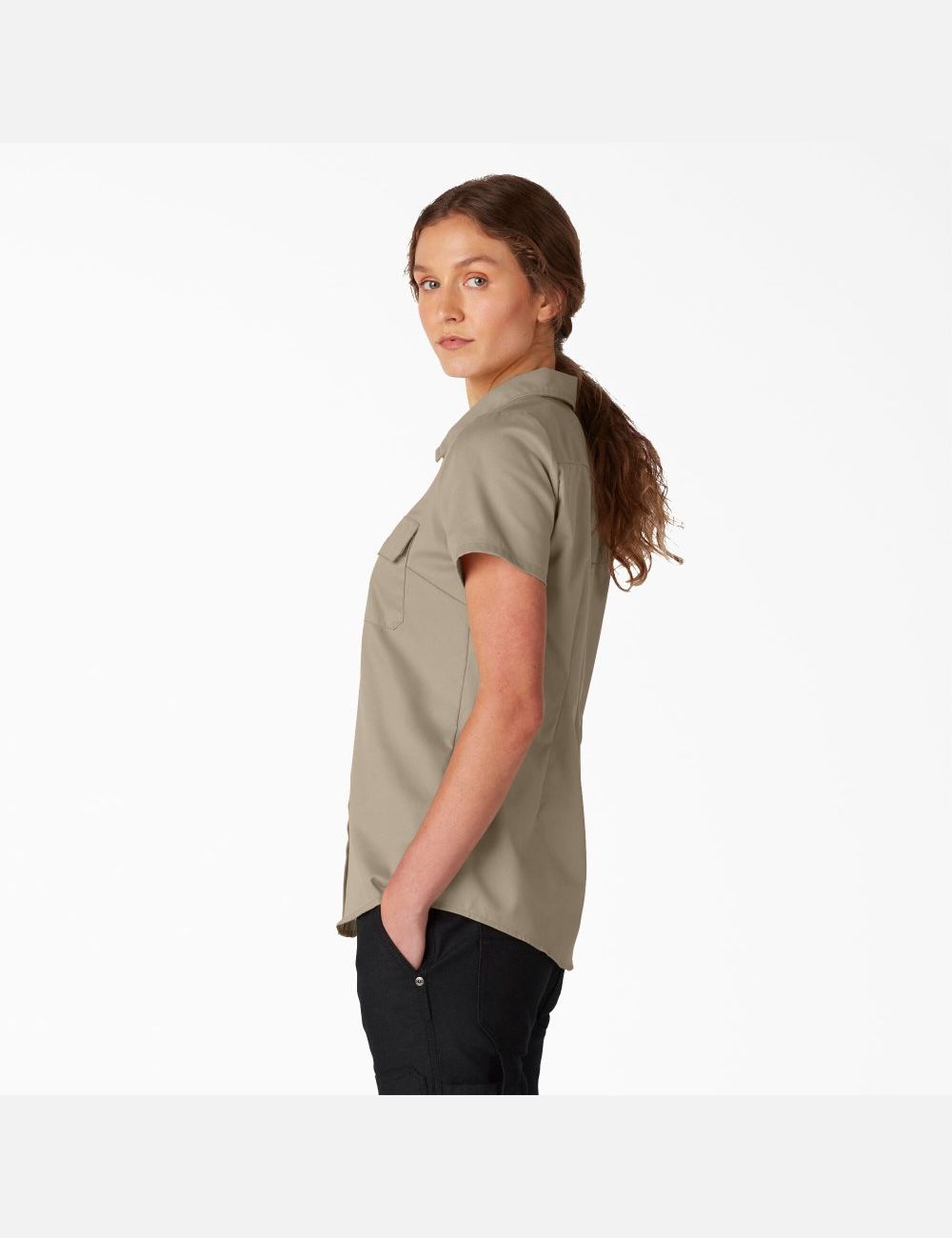 Camisas Dickies FLEX Corta Sleeve Trabajo Mujer Marrones | 9817630-QK