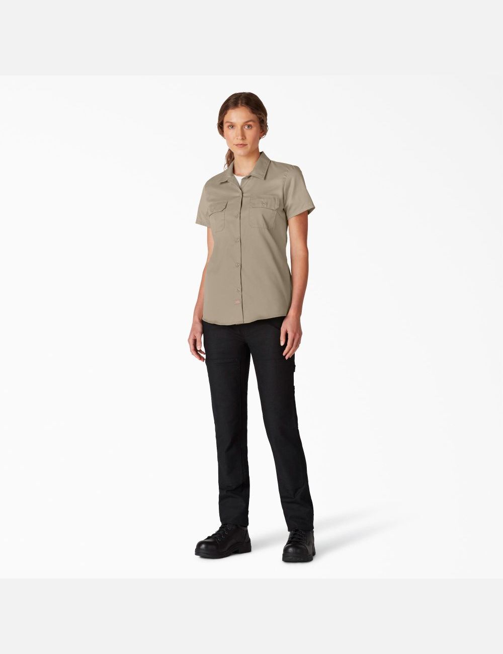 Camisas Dickies FLEX Corta Sleeve Trabajo Mujer Marrones | 9817630-QK