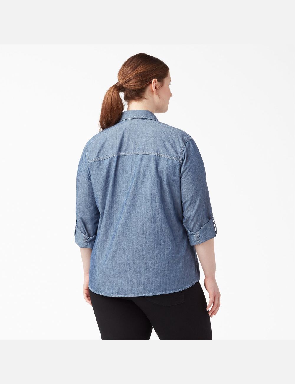 Camisas Dickies Plus Long Sleeve Chambray Roll-Tab Trabajo Mujer Azules Claro | 7415862-LE