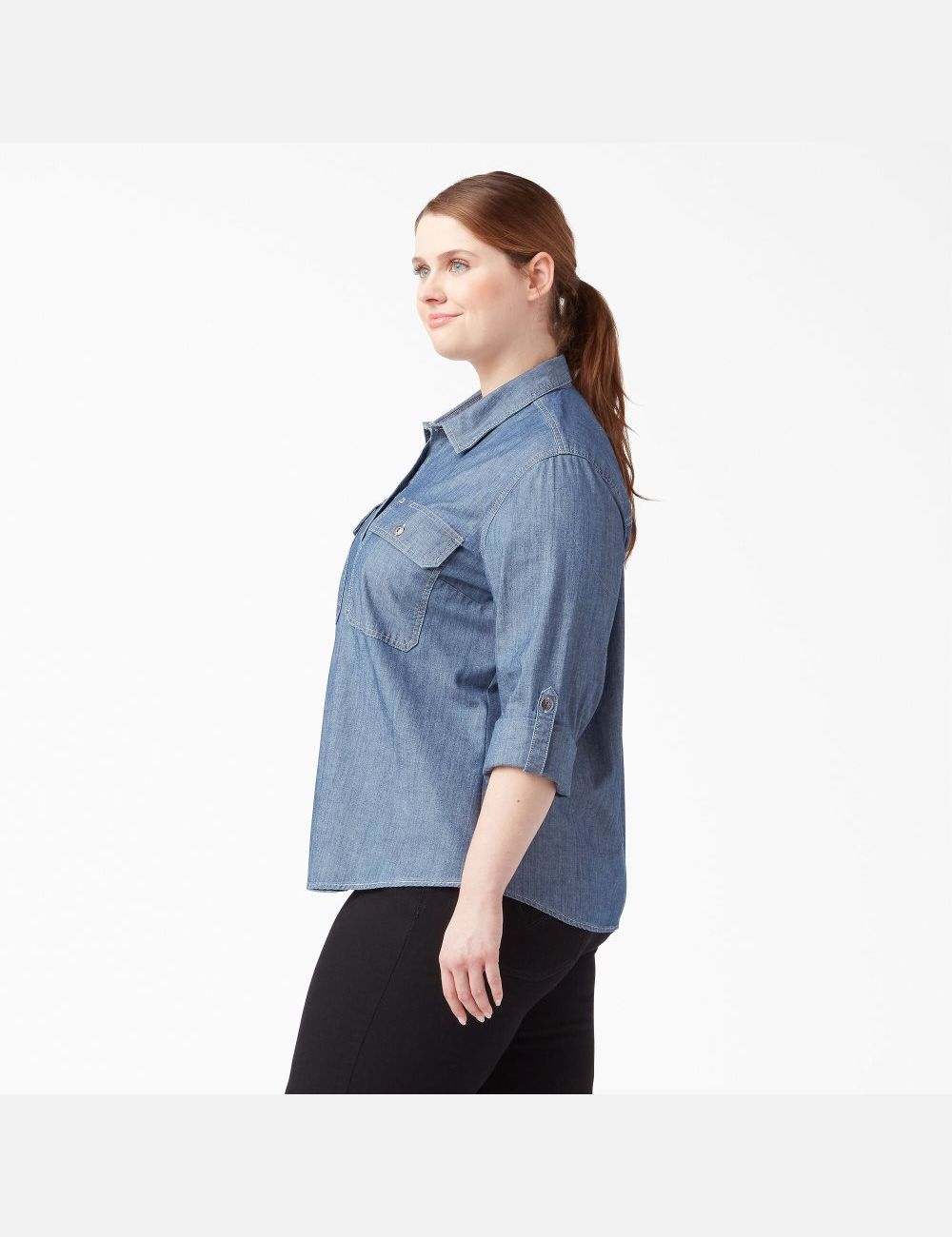 Camisas Dickies Plus Long Sleeve Chambray Roll-Tab Trabajo Mujer Azules Claro | 7415862-LE