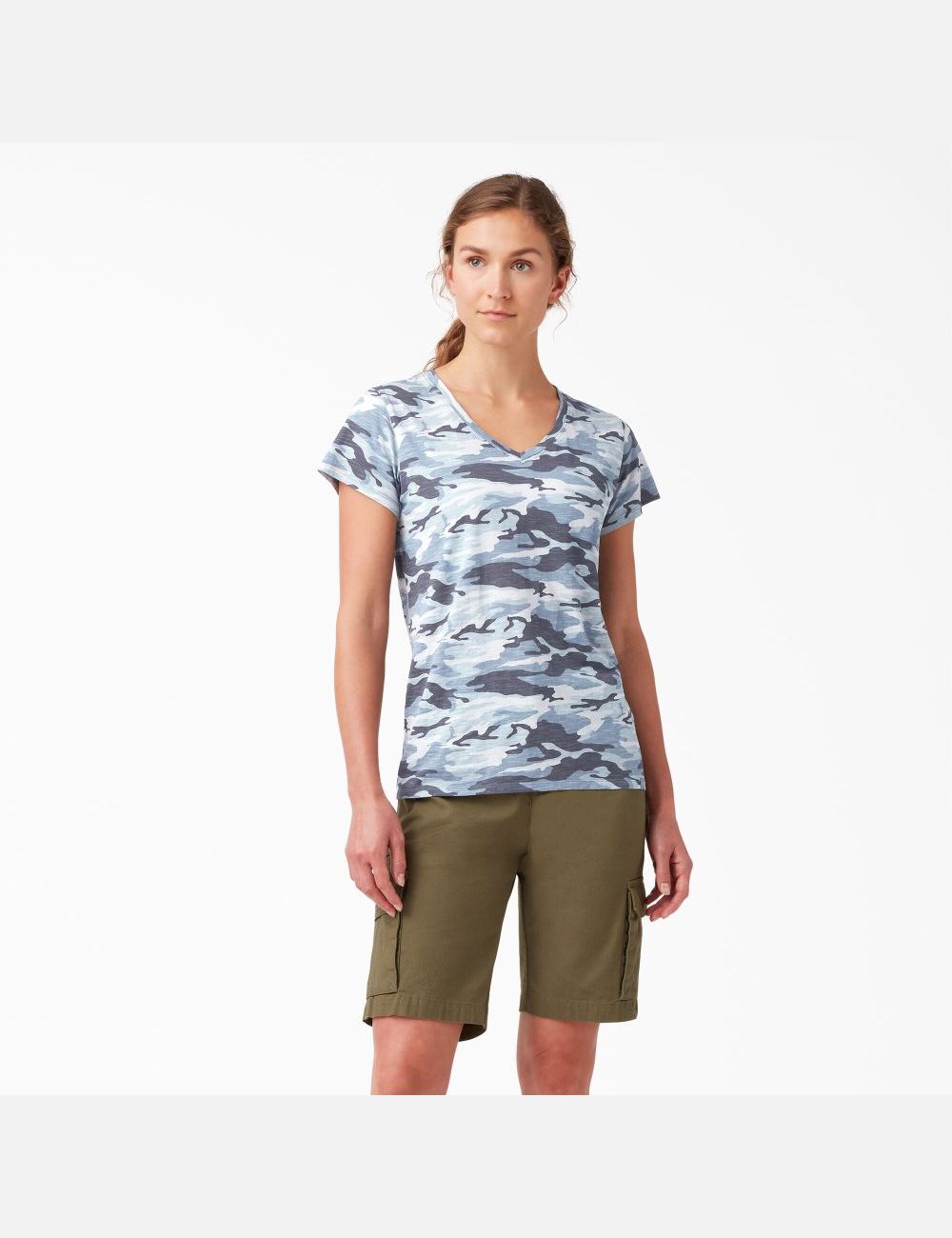 Camiseta Dickies Corta Sleeve V-Neck Mujer Azules Camuflaje | 6012359-QK