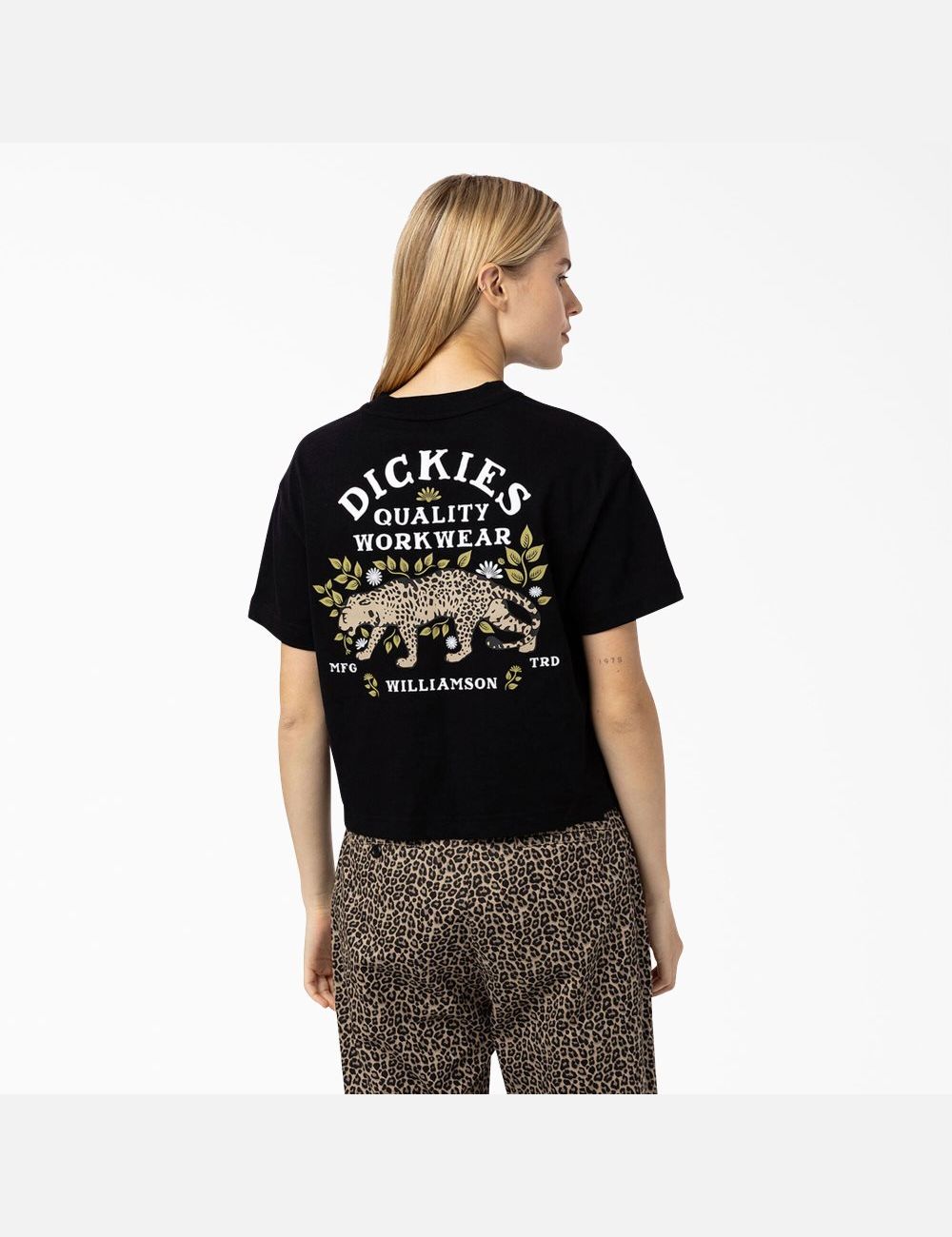 Camiseta Dickies Fort Lewis Cropped Estampadas Mujer Negras | 7309541-XE