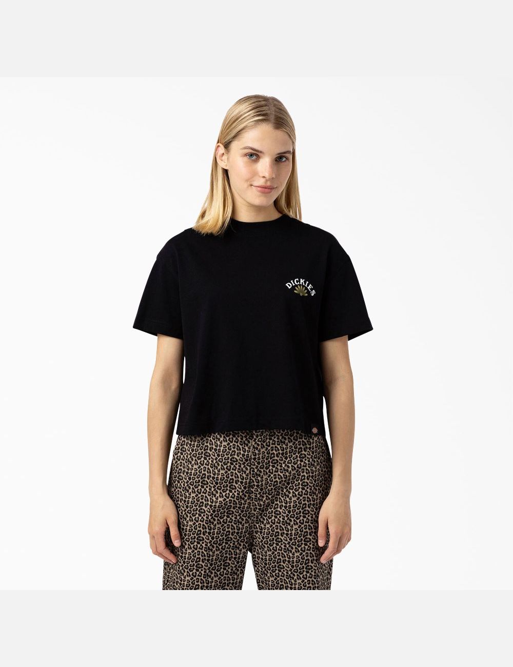 Camiseta Dickies Fort Lewis Cropped Estampadas Mujer Negras | 7309541-XE