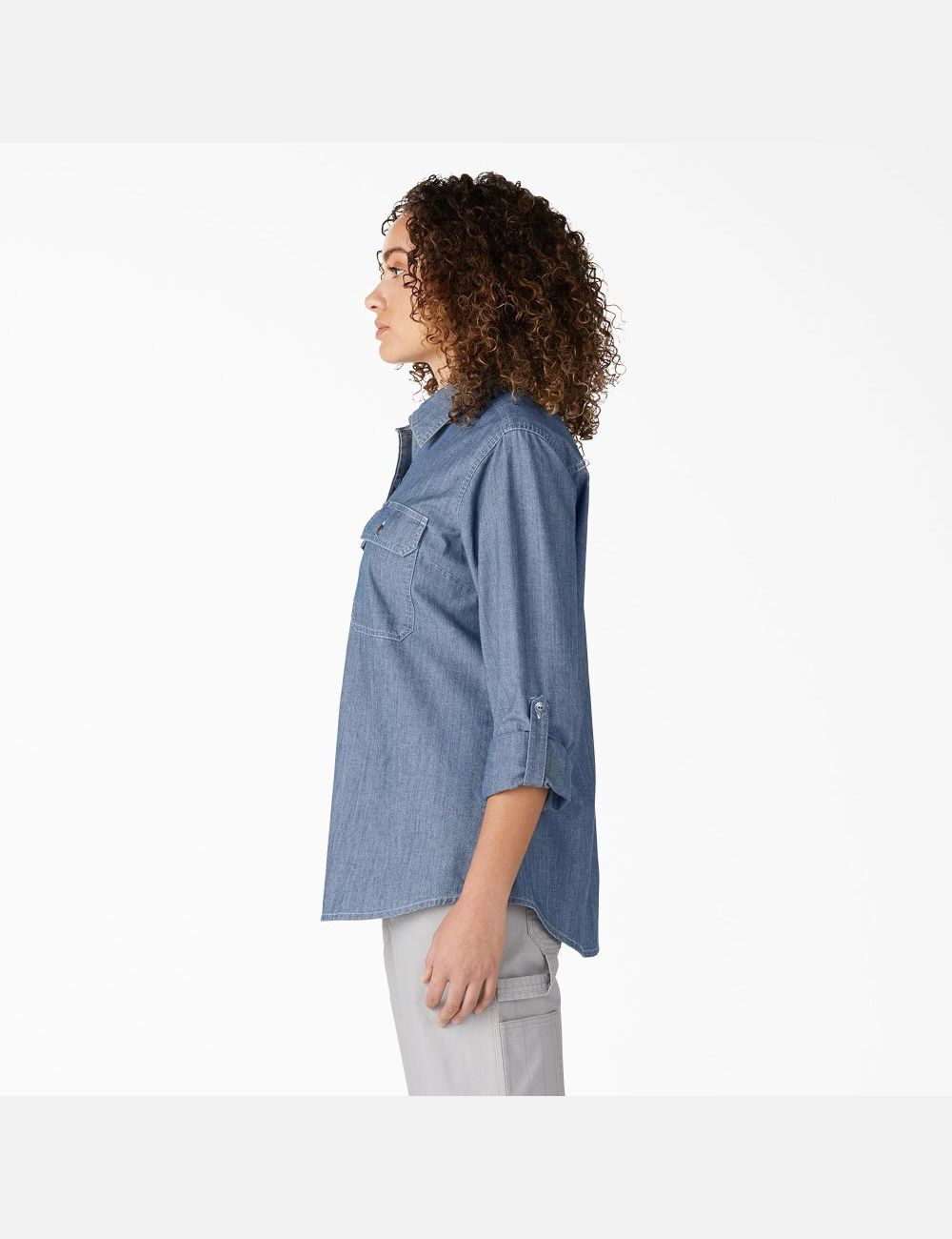 Long Sleeve Dickies Chambray Roll-Tab Trabajo Shirt Mujer Azules Claro | 8420561-MF