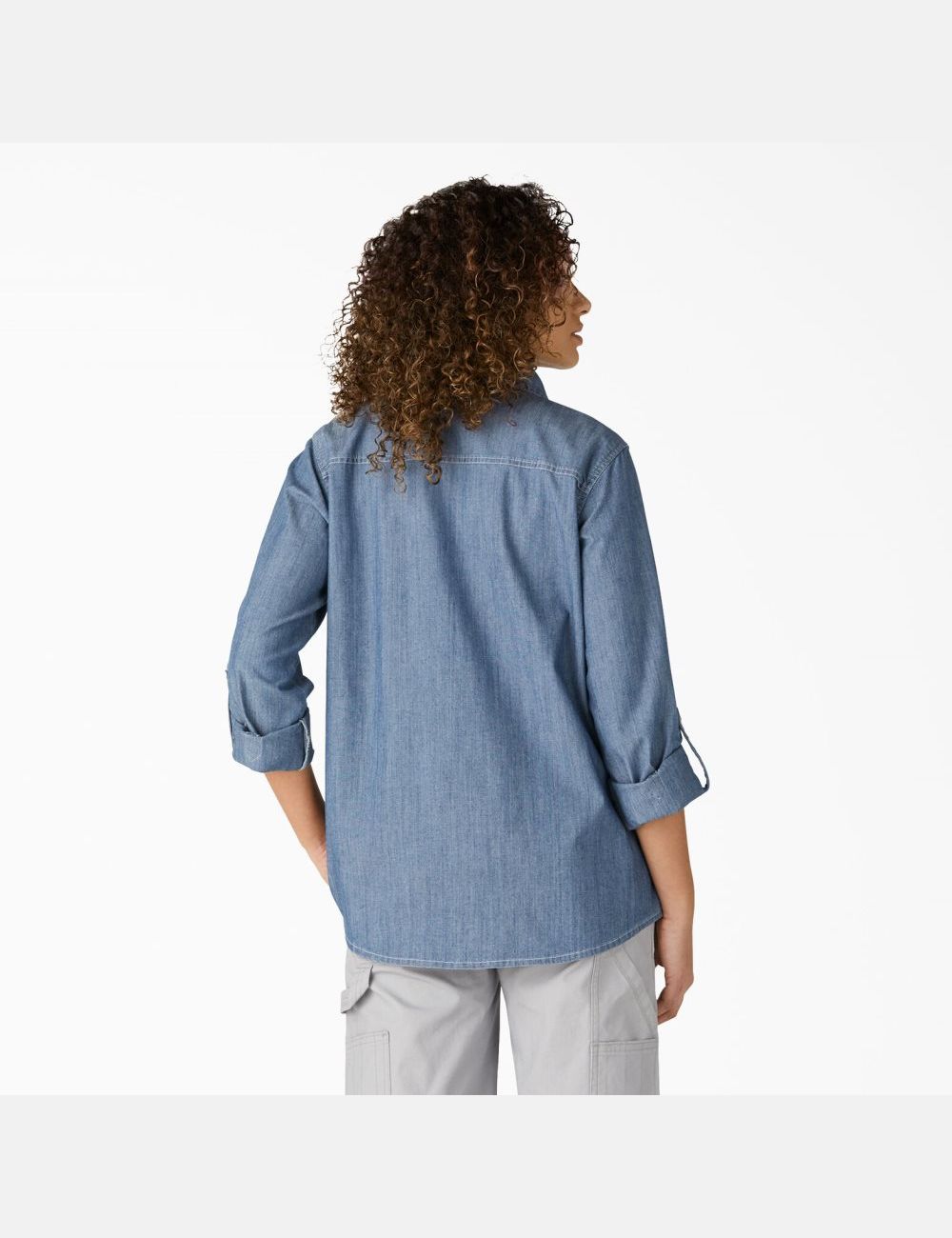 Long Sleeve Dickies Chambray Roll-Tab Trabajo Shirt Mujer Azules Claro | 8420561-MF