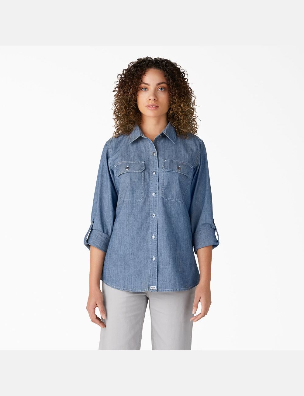 Long Sleeve Dickies Chambray Roll-Tab Trabajo Shirt Mujer Azules Claro | 8420561-MF