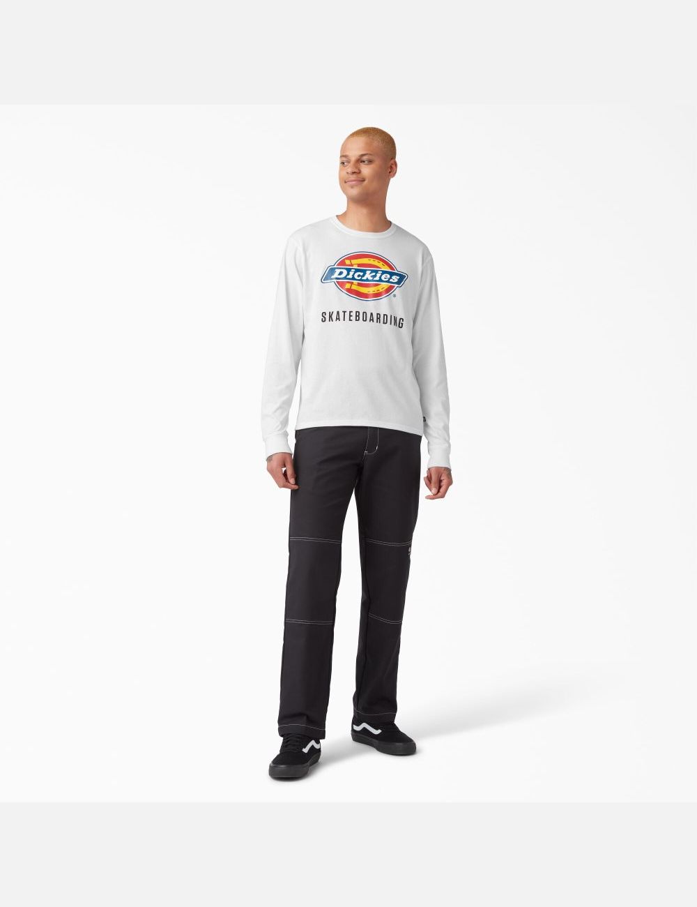 Long Sleeve Dickies Skateboarding Logo Estampadas T-Shirt Hombre Blancas | 6145893-CI