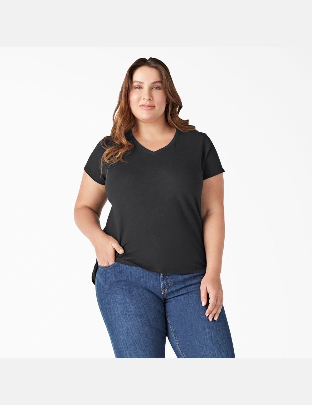 Tops Dickies Plus Corta Sleeve V-Neck Mujer Negras | 4753108-PX