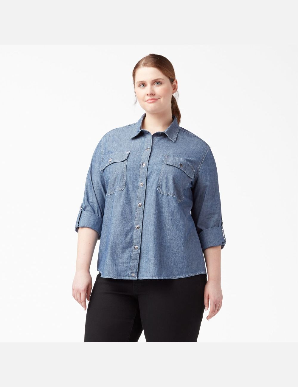 Tops Dickies Plus Long Sleeve Chambray Roll-Tab Trabajo Mujer Azules Claro | 4258967-YT