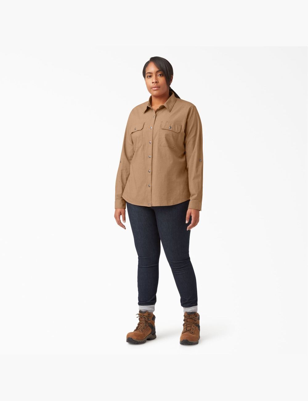 Tops Dickies Plus Long Sleeve Roll-Tab Trabajo Mujer Marrones | 2873504-PN